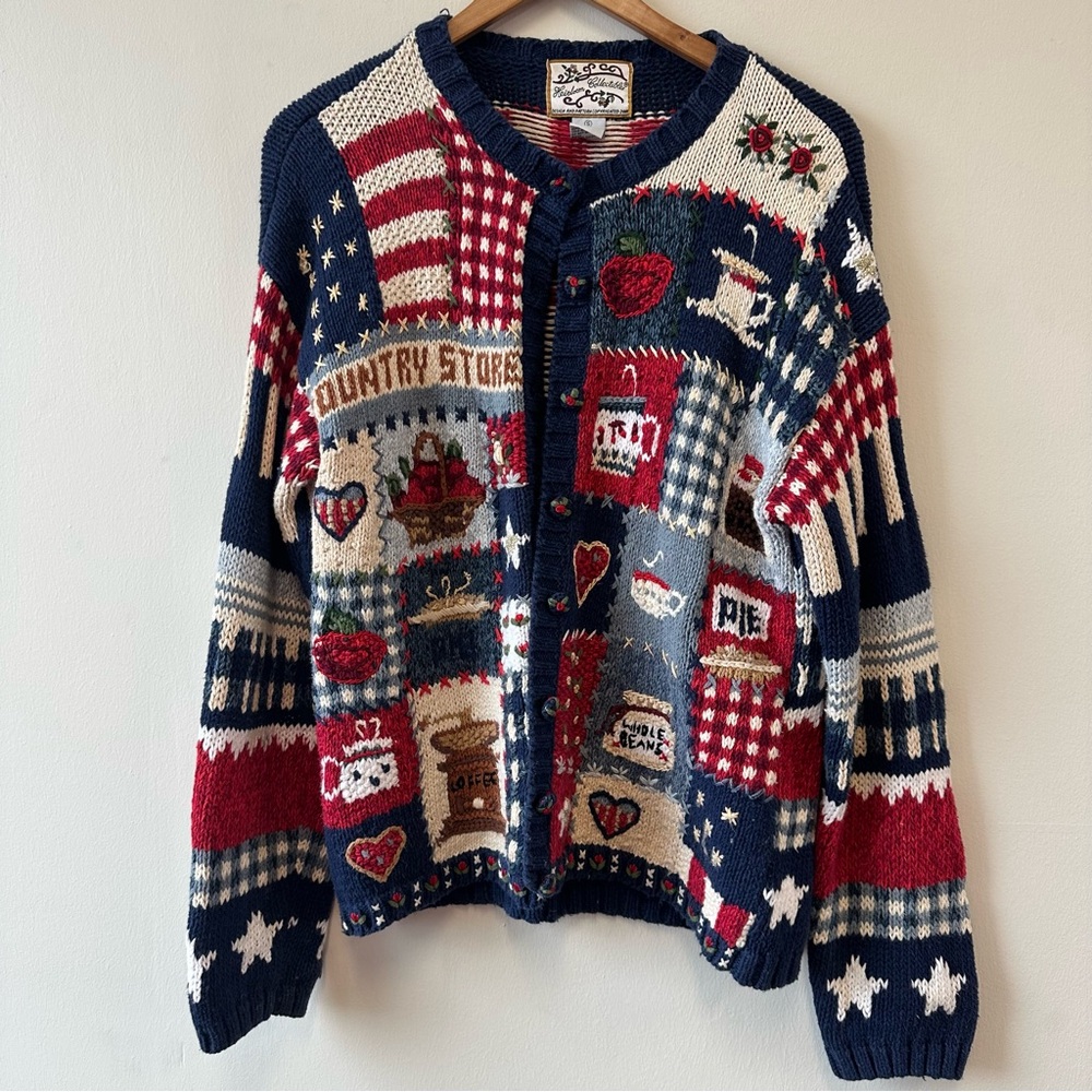 Vintage-Inspired Multicolor Knit Cardigan Sweater - Navy/Red/Cream